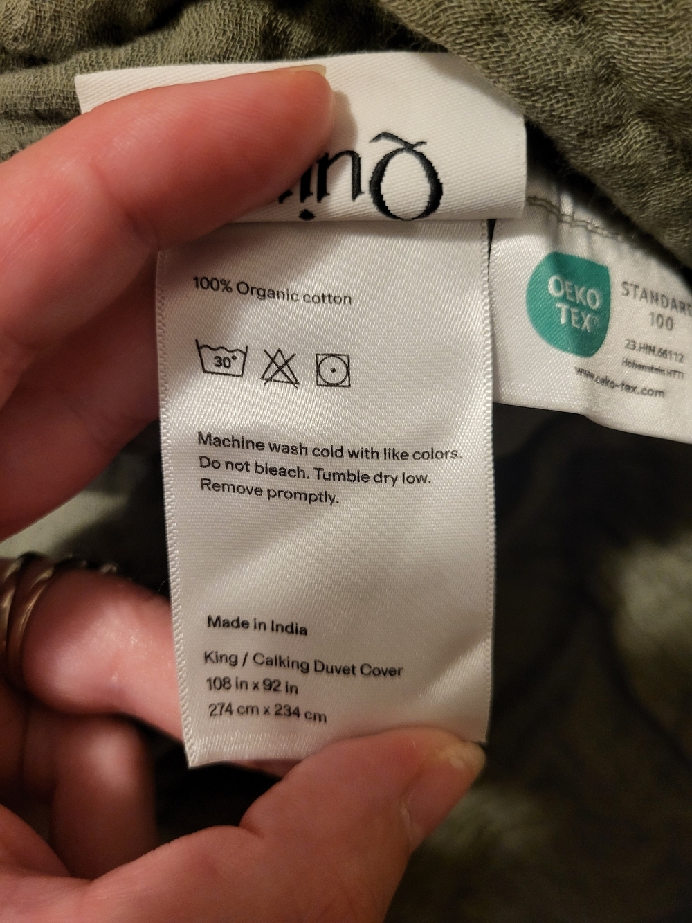 Quince Olive King/CalKing Cotton Gauze Duvet Cover Like New - Picture 5 of 5